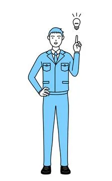 Simple line drawing of a Man in work clothes coming up with an idea. Stock Illustration