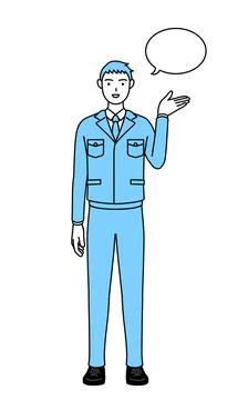 Simple line drawing of a Man in work clothes giving directions,with a wipeout Stock Illustration