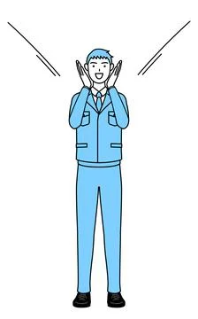 Simple line drawing of a Man in work clothes calling out with his hand over h Stock Illustration