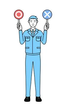 Simple line drawing of a Man in work clothes holding a stick indicating corre Stock Illustration