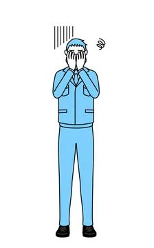 Simple line drawing of a Man in work clothes covering his face in depression. Stock Illustration