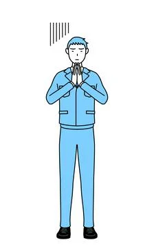 Simple line drawing of a Man in work clothes apologizing with his hands in fr Stock Illustration