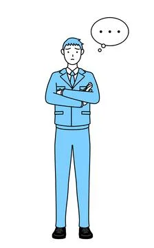 Simple line drawing of a Man in work clothes,arms crossed,thinking. Stock Illustration