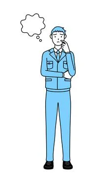Simple line drawing of a Man in work clothes thinking while scratching his fa Stock Illustration
