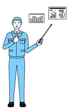 Simple line drawing of a Man in work clothes analyzing a performance graph. Stock Illustration