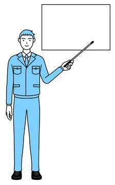 Simple line drawing of a Man in work clothes pointing at a whiteboard with an Stock Illustration