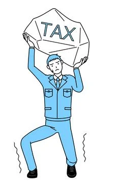 Simple line drawing of a Man in work clothes suffering from tax increases Stock Illustration