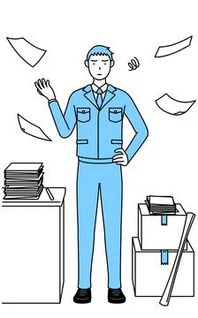 Simple line drawing of a Man in work clothes who is fed up with his unorganiz Stock Illustration