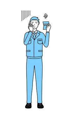 Simple line drawing of a Man in work clothes looking at his bankbook and feel Stock Illustration
