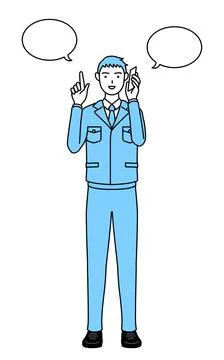 Simple line drawing of a Man in work clothes pointing while on the phone. Stock Illustration