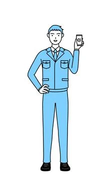 Simple line drawing of a Man in work clothes using a smartphone at work. Stock Illustration