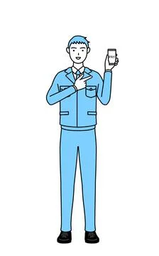 Simple line drawing of a Man in work clothes recommending cashless online pay Stock Illustration