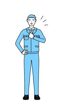 Simple line drawing of a Man in work clothes tapping his chest. Stock Illustration