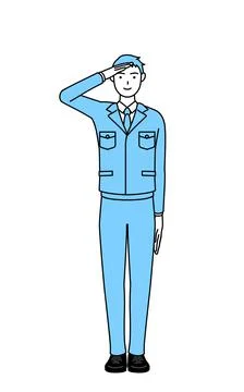 Simple line drawing of a Man in work clothes making a salute. Stock Illustration