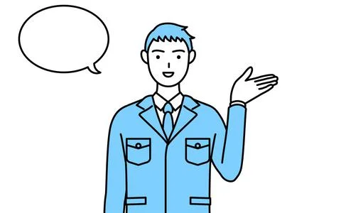 Simple line drawing of a Man in work clothes giving directions,with a wipeout Stock Illustration