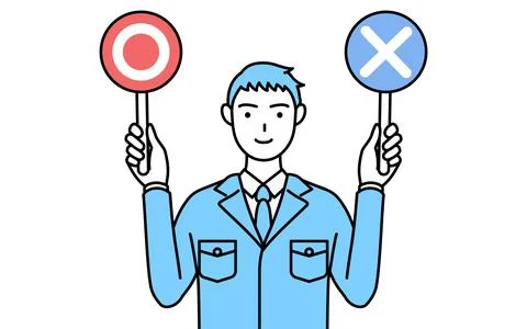Simple line drawing of a Man in work clothes holding a stick indicating corre Stock Illustration