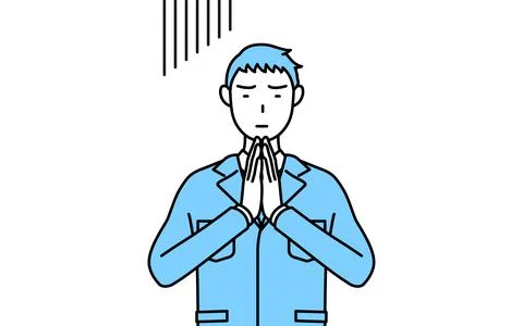 Simple line drawing of a Man in work clothes apologizing with his hands in fr Stock Illustration
