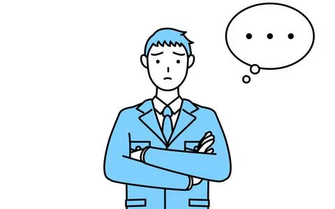 Simple line drawing of a Man in work clothes,arms crossed,thinking. Stock Illustration