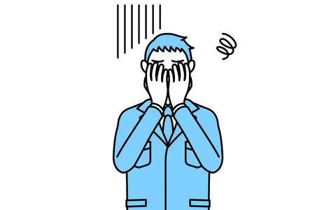 Simple line drawing of a Man in work clothes covering his face in depression. Stock Illustration