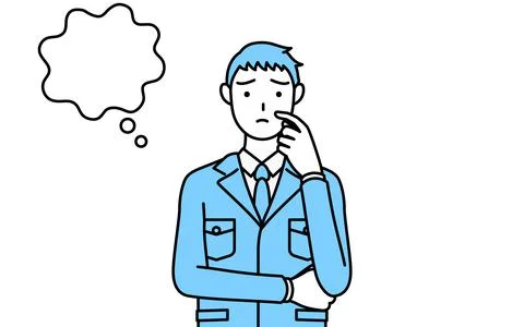 Simple line drawing of a Man in work clothes thinking while scratching his fa Stock Illustration