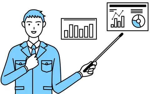 Simple line drawing of a Man in work clothes analyzing a performance graph. Stock Illustration