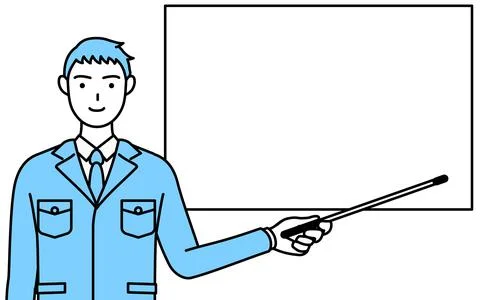 Simple line drawing of a Man in work clothes pointing at a whiteboard with an Illustrazione stock