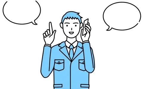 Simple line drawing of a Man in work clothes pointing while on the phone. Stock Illustration