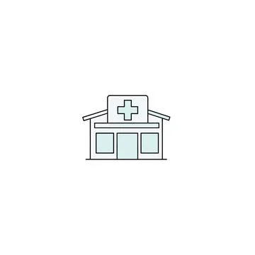 A simple line drawing of a pharmacy building with a cross Ilustración de archivo