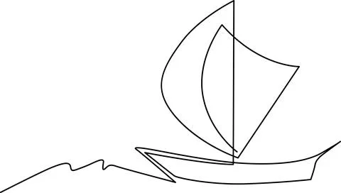 A simple line drawing of a sailboat navigating through wavy waters. Vector Illustrazione stock