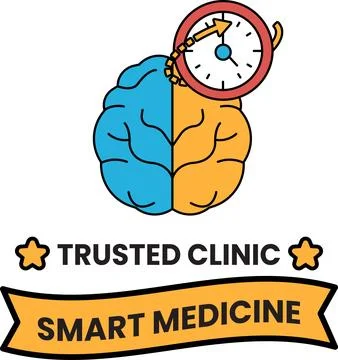 Simple line drawing shows brain with clock above it Stock Illustration