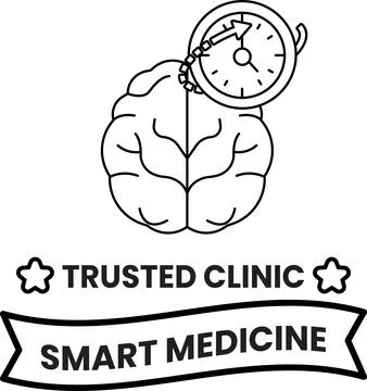 Simple line drawing shows brain with clock above it Stock Illustration