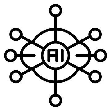 A simple line drawing shows a stylized AI network with connected dots surroun Stock Illustration
