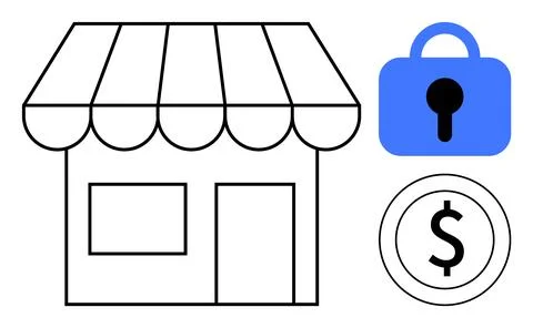 Simple line drawing of a small store with a blue lock and a dollar sign. Idea Stock Illustration