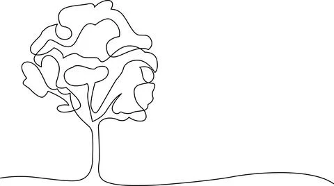 A simple line drawing of a tree with a full canopy and a curved ground line.. Stockillustratie
