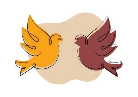Simple line drawing of two colorful birds facing each other Stock Illustration