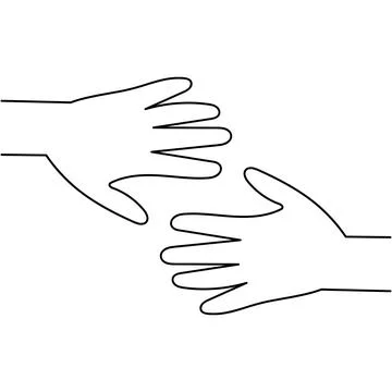 Simple line drawing of two hands reaching out, white background. Connection and Stock Illustration