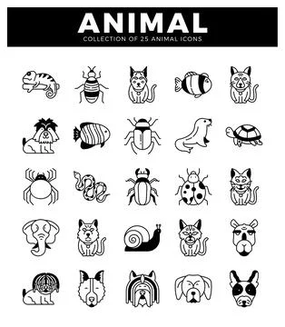 Simple line drawings of 25 diverse animals on a white background. Stock Illustration
