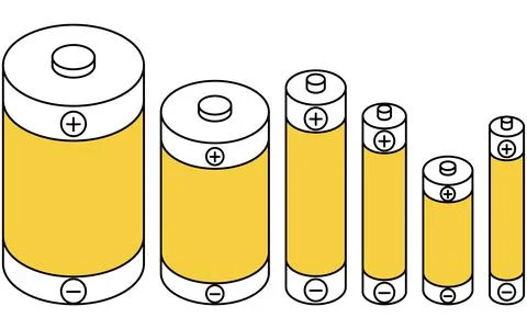 Simple Line Icon of Dry Cell Batteries from Size D to AAAA, Isometric Illus.. Illustrazione stock