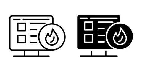 Simple Line Icons of Computer Screen with Fire Symbol on White Background イラスト素材