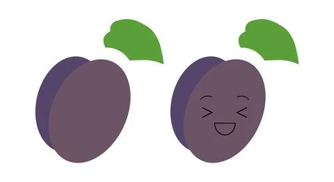Simple line icons representing plums with playful expressions and leaves 스톡 일러스트