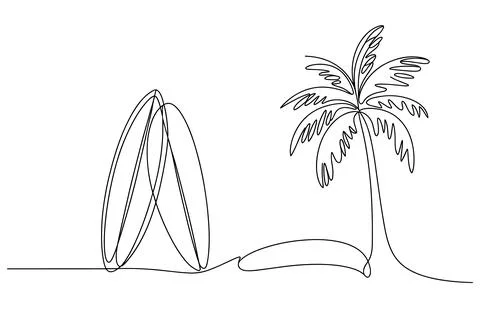 Simple Line of a Palm Tree and a Mountain line palm tree Stock Illustration