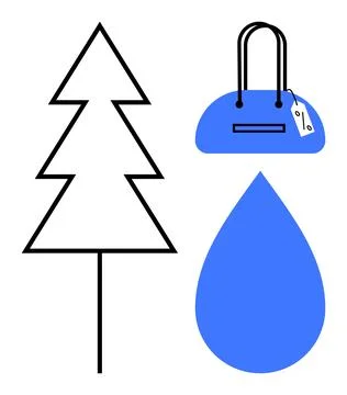 Simple line pine tree, blue handbag with price tag, and blue water droplet. I Stock Illustration