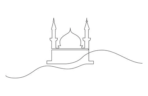 Simple line sketch shows a mosque with twin minarets. Stock Illustration