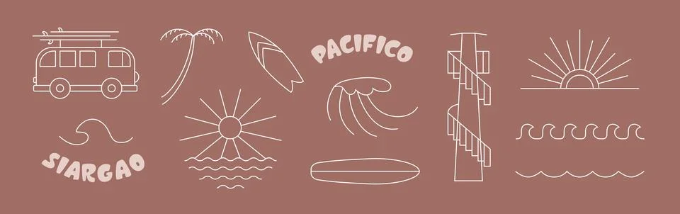 Simple line surf, ocean elements about freedon, siargao, island life, vibe Stock Illustration