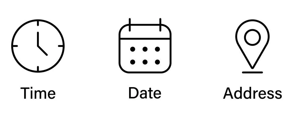 Simple line for time date and location with text labels time clock calendar.. Stock Illustration