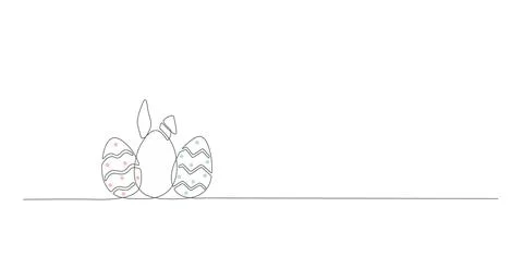 Simple line vector banner with Easter bunny, eggs ssilhouette. Outline vector Stock Illustration
