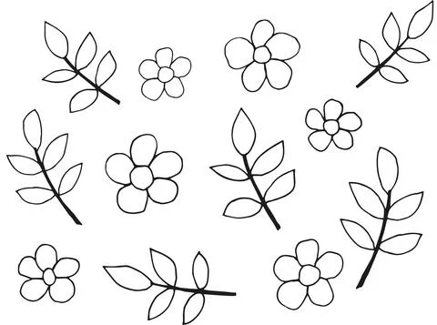 Simple linear black and white seamless pattern with flowers and twigs Illustrazione stock