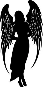 Simple linear black drawing angel woman with wings, logo, design Illustrazione stock