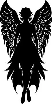 Simple linear black drawing angel woman with wings, logo, design Illustration