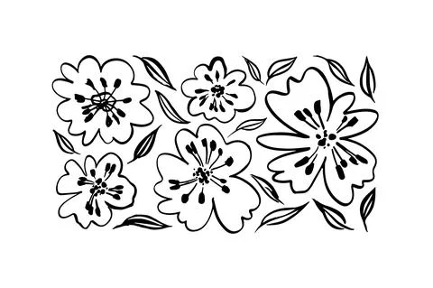 Simple linear black flowers isolated on white. Stock Illustration